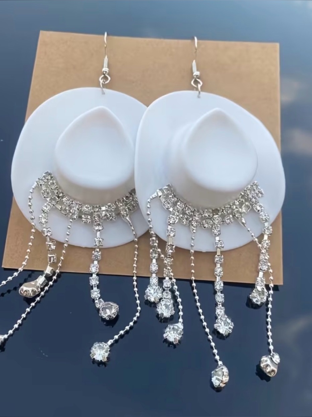 White Cowboy Hat Dangle Earrings with Rhinestone Fringe